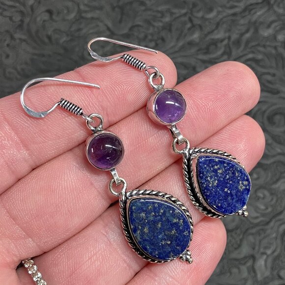 Amethyst and Lapis Lazuli Earrings Stone Crystal Jewelry - Picture 6 of 9